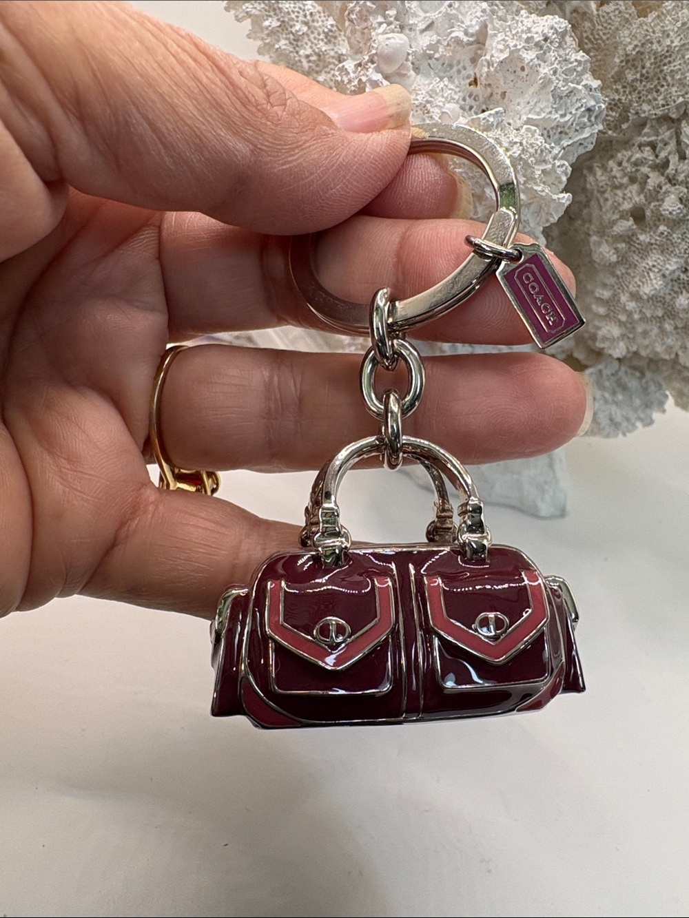 Coach Burgundy Handbag Keyring with Silver Hardware